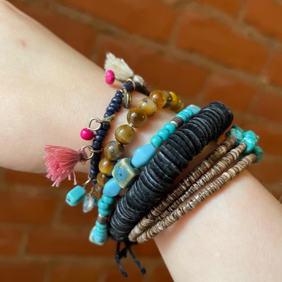 Boho Chunky Bead Stackable Bracelet Bundle Free Necklace Brown Turquoise Navy - Picture 2 of 5